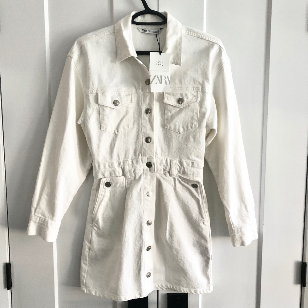 Zara, Creamy/Buttery White,‎ Denim, Dress, Size XS, Snap Up, Long Sleeve, NWT